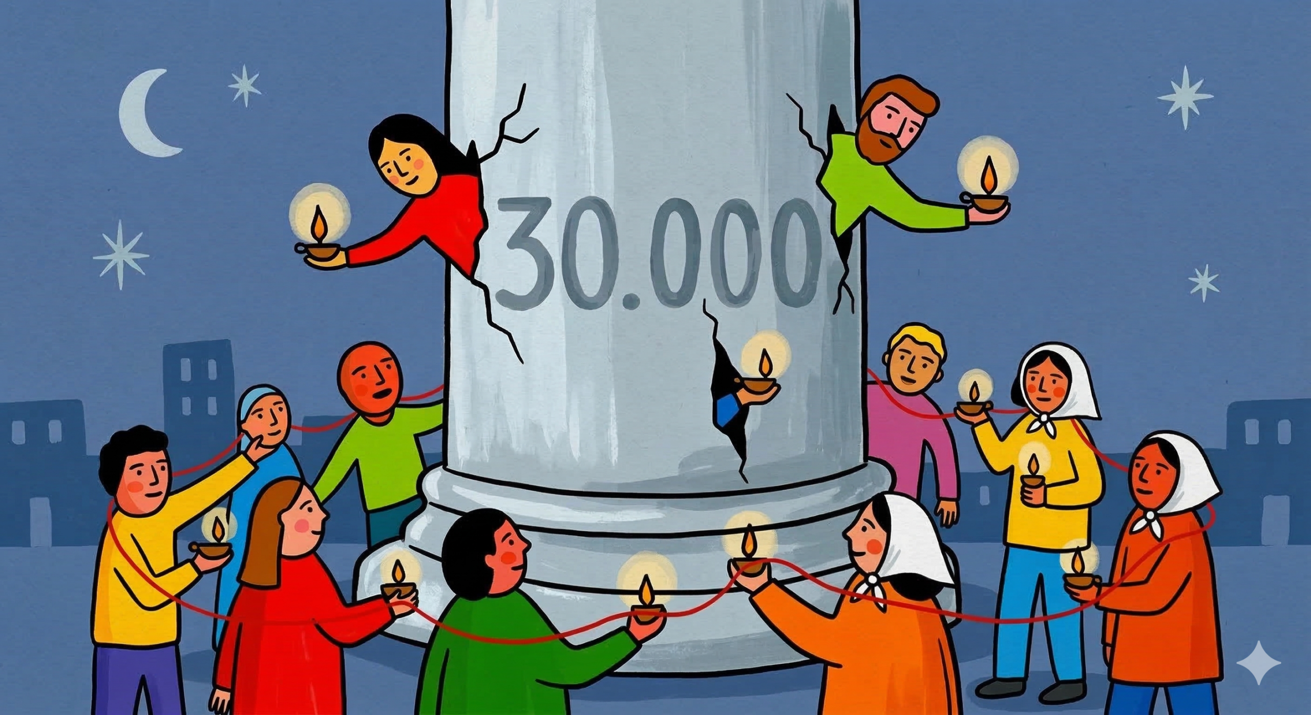 Ilustración de la columna 30.000 con voces humanas y Madres de Plaza de Mayo